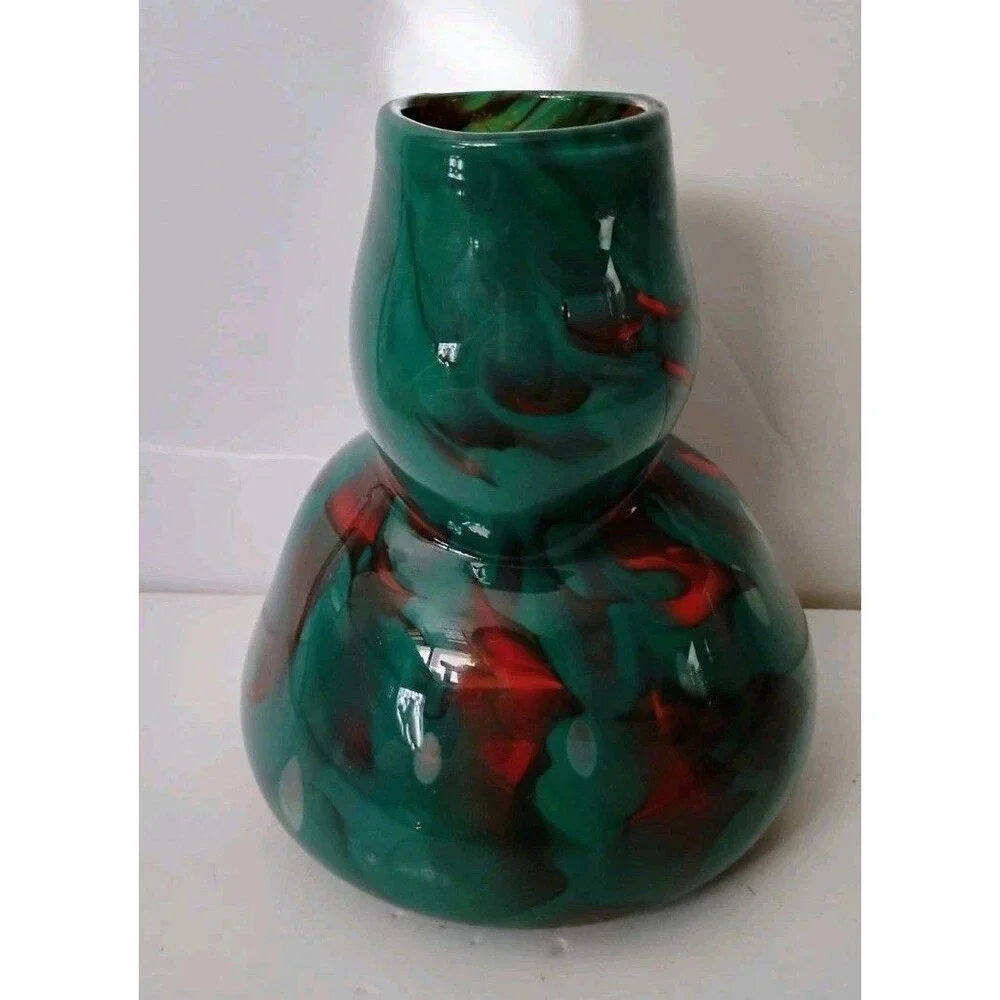 Vintage Hand Blown Swirl Art Glass Vase Emerald Green Crimson Signed Val 00